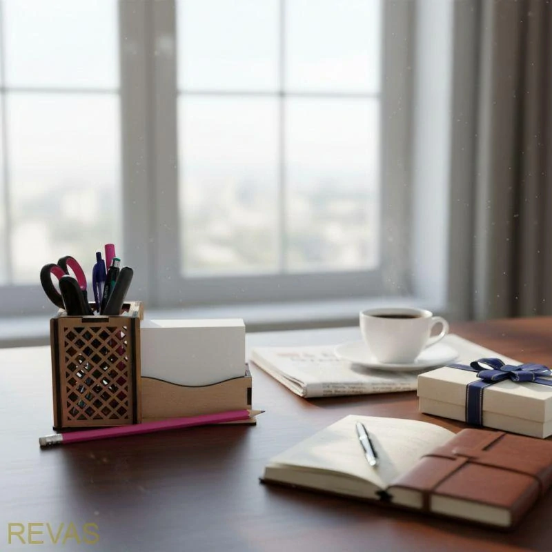 Dřevěný stojánek na tužky s držákem na poznámkové papírky – buková překližka