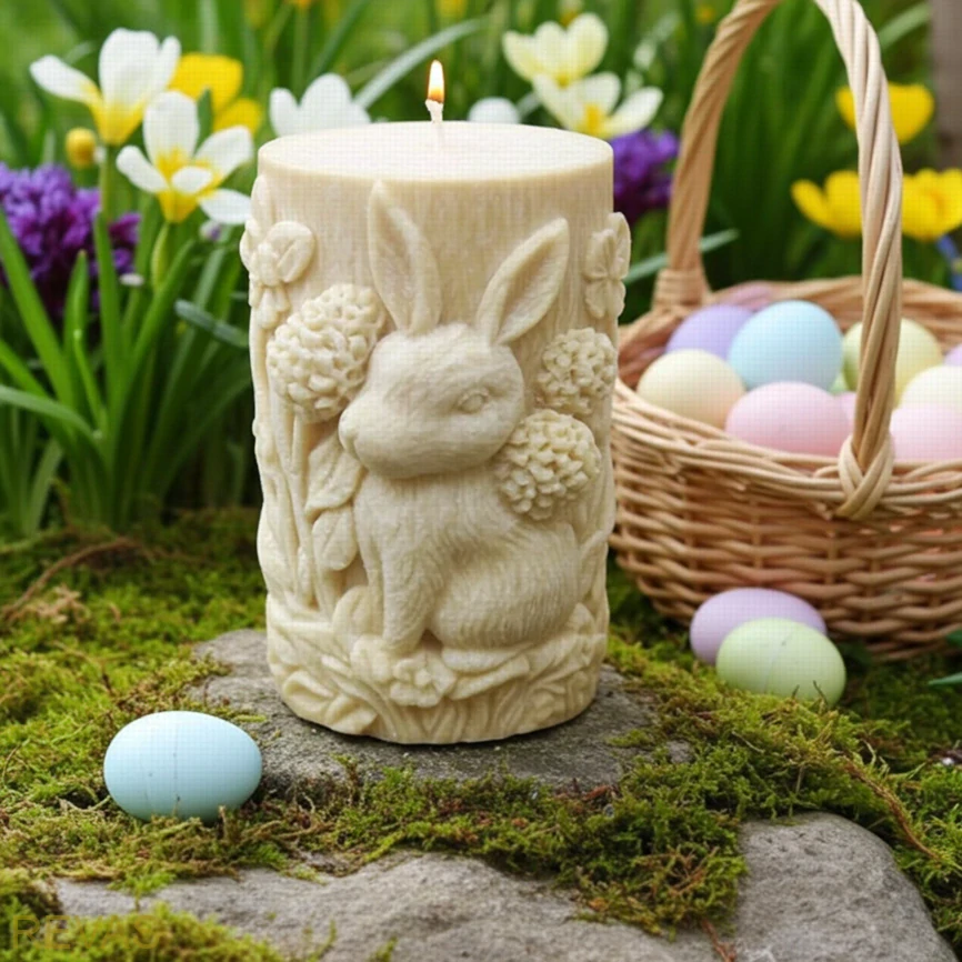 Svíčka válec s reliéfem zajíce na louce