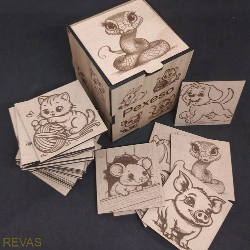 Dřevěné pexeso pro děti – 14 motivů, buková překližka, gravírovaná krabička