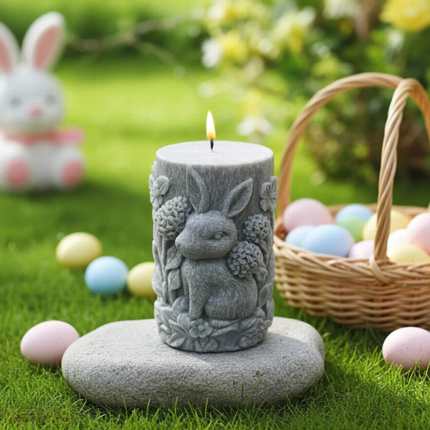Svíčka válec s reliéfem zajíce na louce