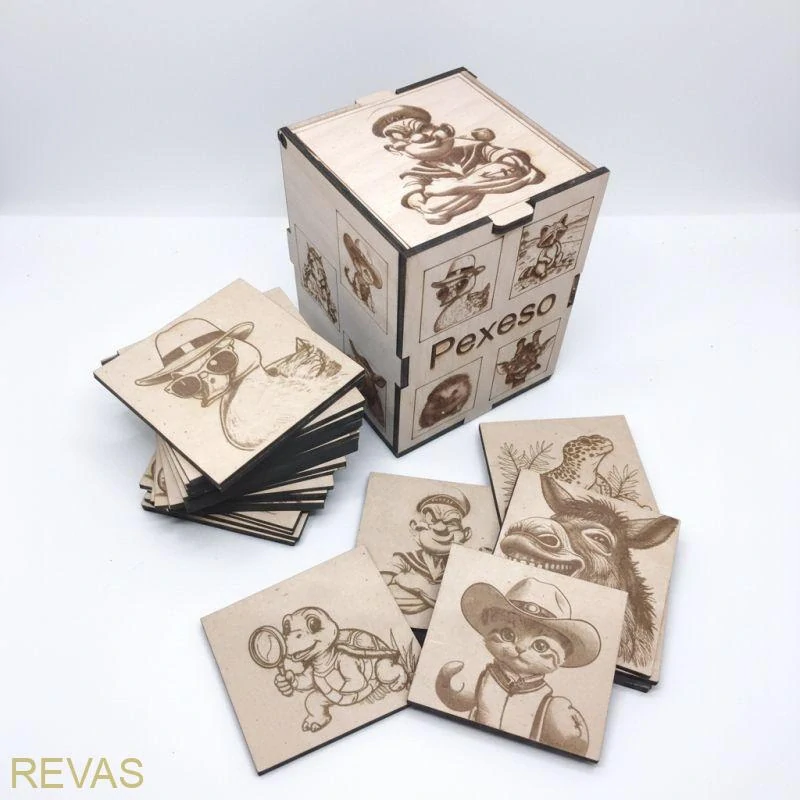 Dřevěné pexeso pro děti – 14 motivů, buková překližka, gravírovaná krabička