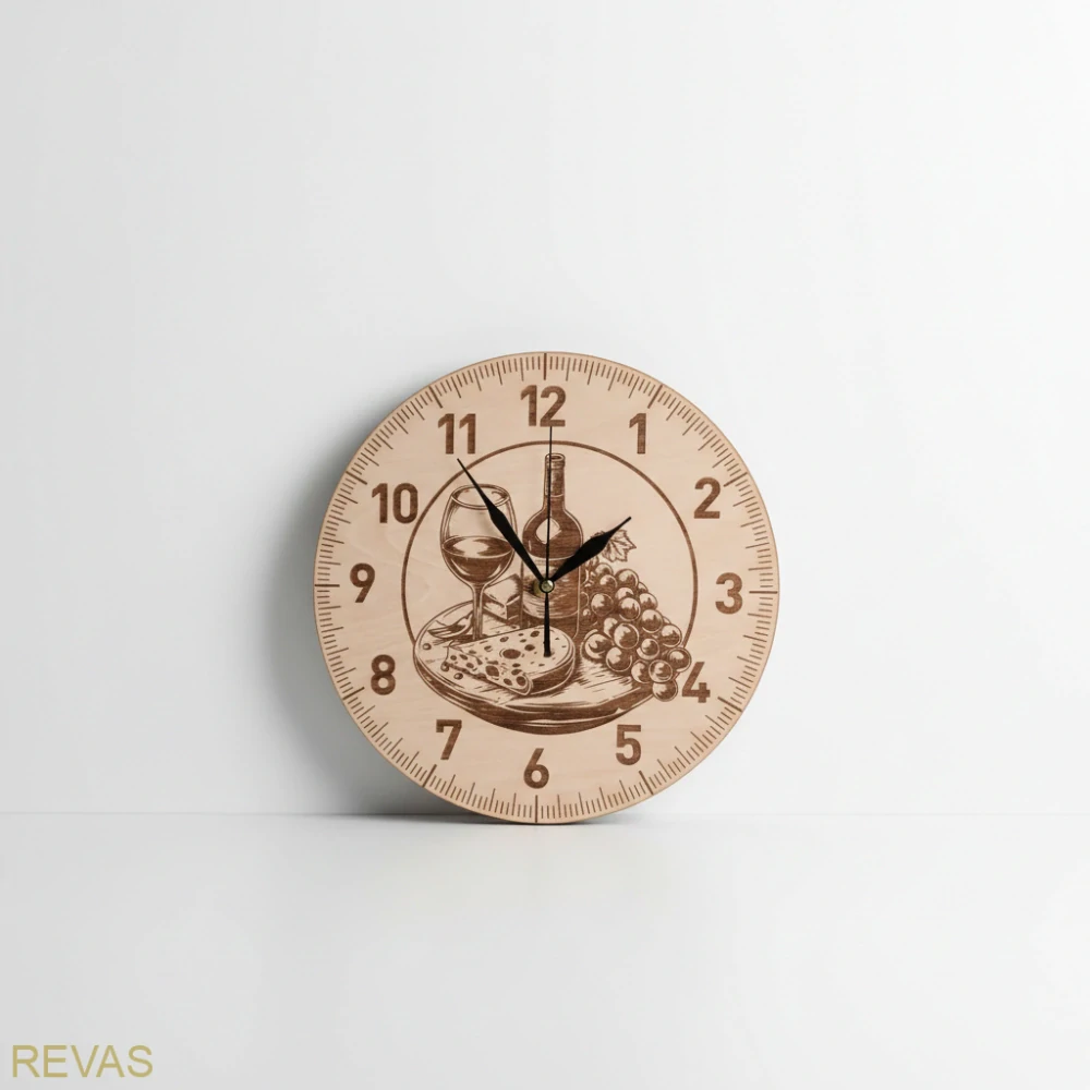 Dřevěné nástěnné hodiny s gravírováním dvou koňských hlav