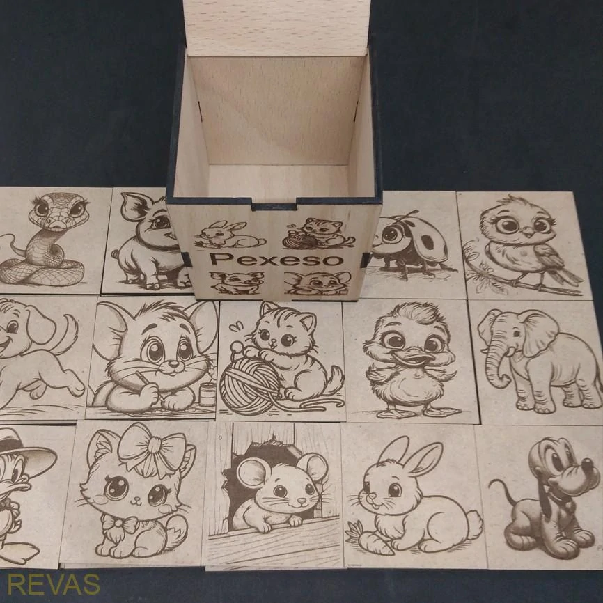 Dřevěné pexeso pro děti – 14 motivů, buková překližka, gravírovaná krabička