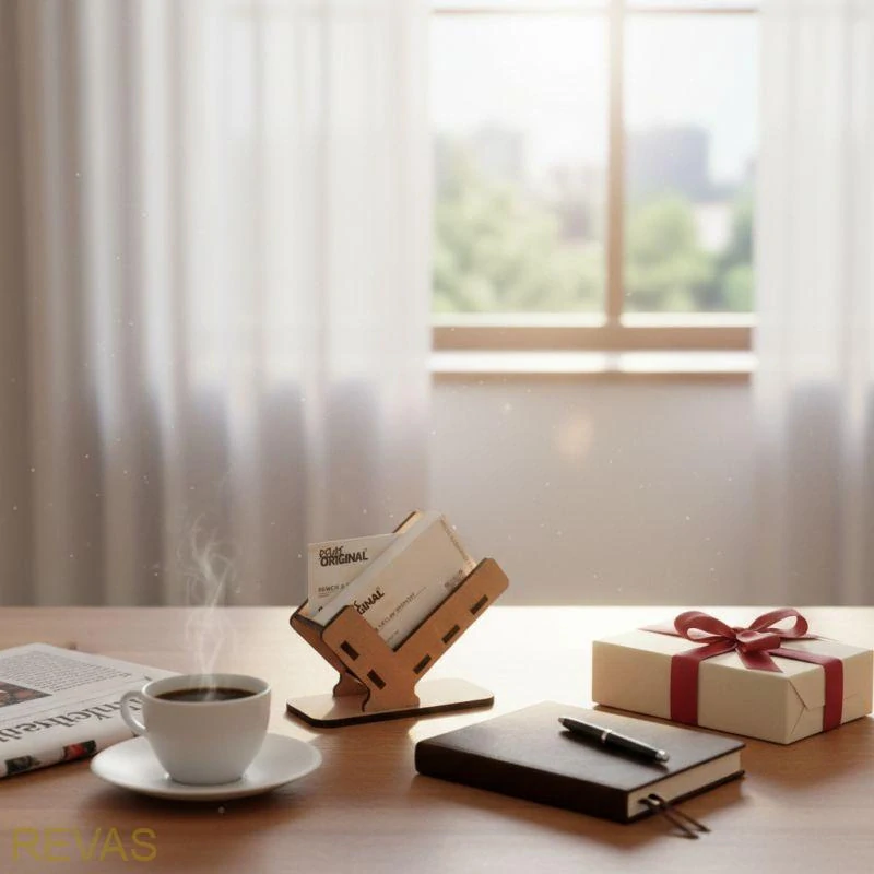 Dřevěný vizitkovník z bukové překližky – gravírovaný stojánek na vizitky