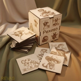 Dřevěné pexeso pro děti – 14 motivů, buková překližka, gravírovaná krabička