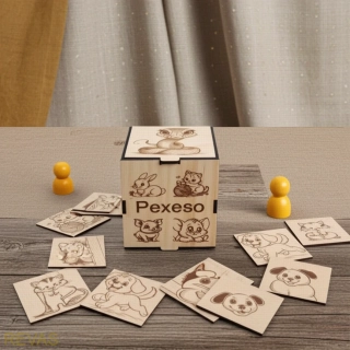 Dřevěné pexeso pro děti – 14 motivů, buková překližka, gravírovaná krabička